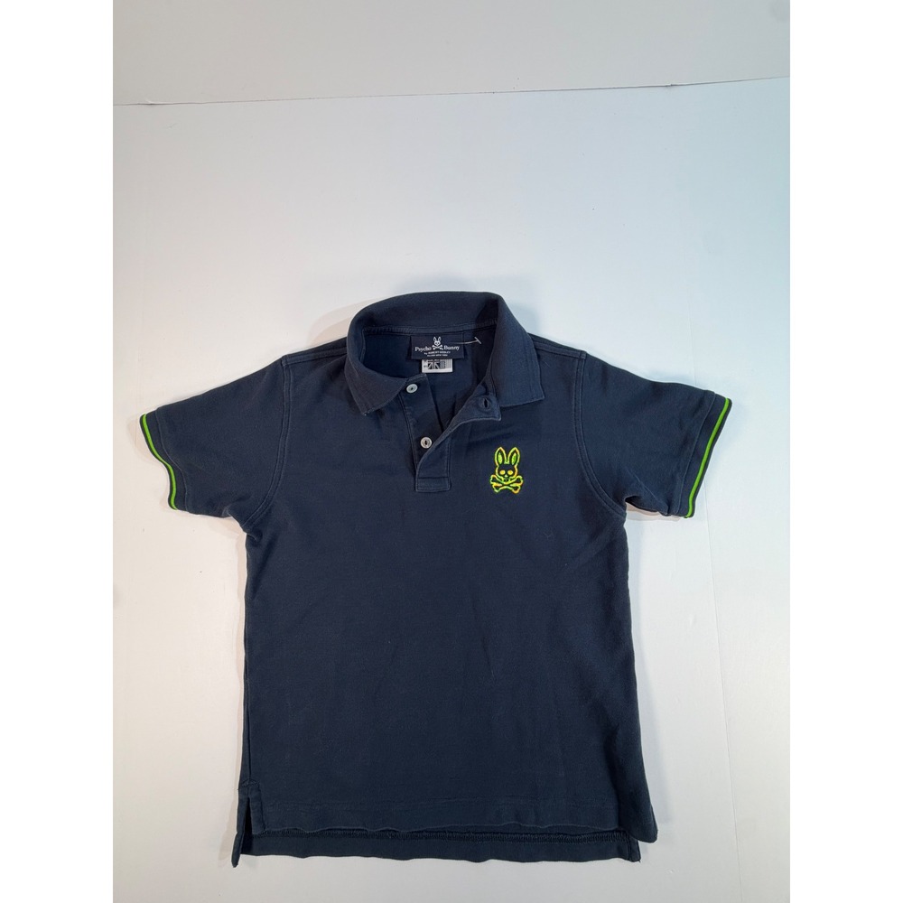 Psycho Bunny Boys Navy Blue Polo Shirt Neon Green Logo Size M 10/12 Short Sleeve